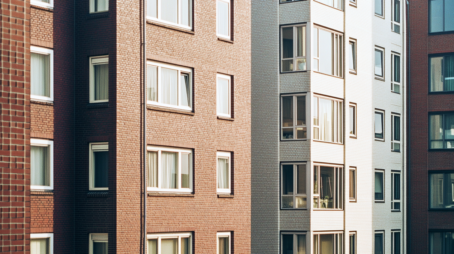 Gevels van naast elkaar gelegen corporatiewoningen in baksteen, wit en grijs