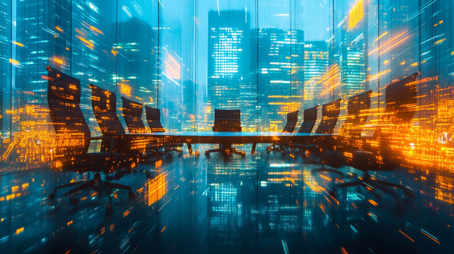 Lege bestuurstafel in een verlichte boardroom met de skyline van een financieel district op de achtergrond