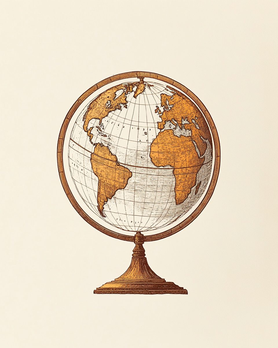 Klassieke koperkleurige globe op een standaard, gegraveerd tegen een crème achtergrond